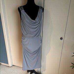 Elegant Gray Draped Dress w beaded shoulder detail.